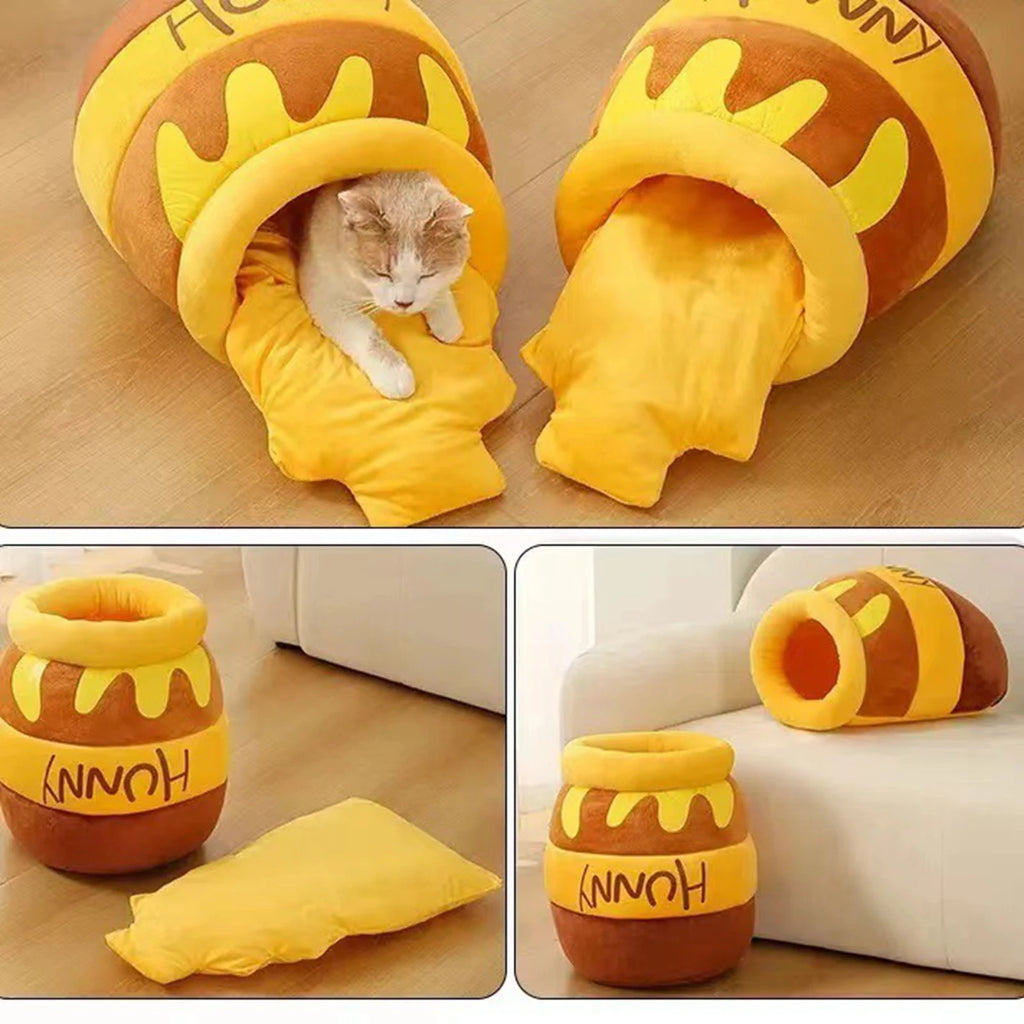 Cat Bed Warm Comfortable Kennel Nest Pet Cat Bed Soft Removable Cushion Nonslip Bottom Cartoon Washable House Honey Pot Cave