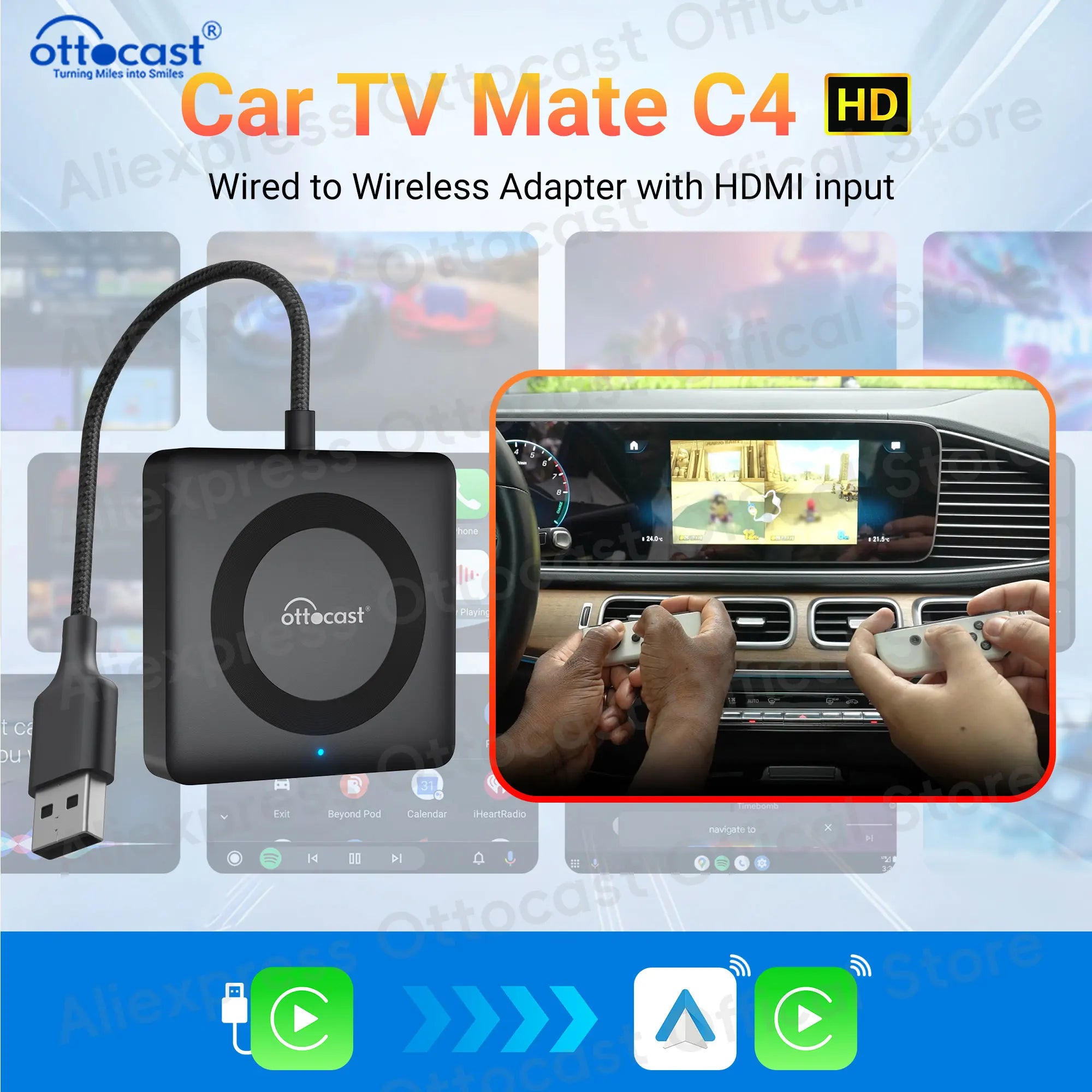 OTTOCAST Car TV Mate Pro C4 Wireless CarPlay Android Auto Adapter Multimedia Adapter Video Converter for HDMI for TV Sticks New