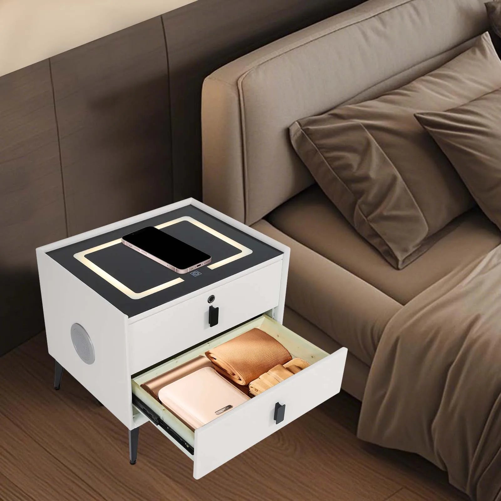 Modern Rectangular Bedside Table with Drawers Bluetooth Speaker Smart Bedside