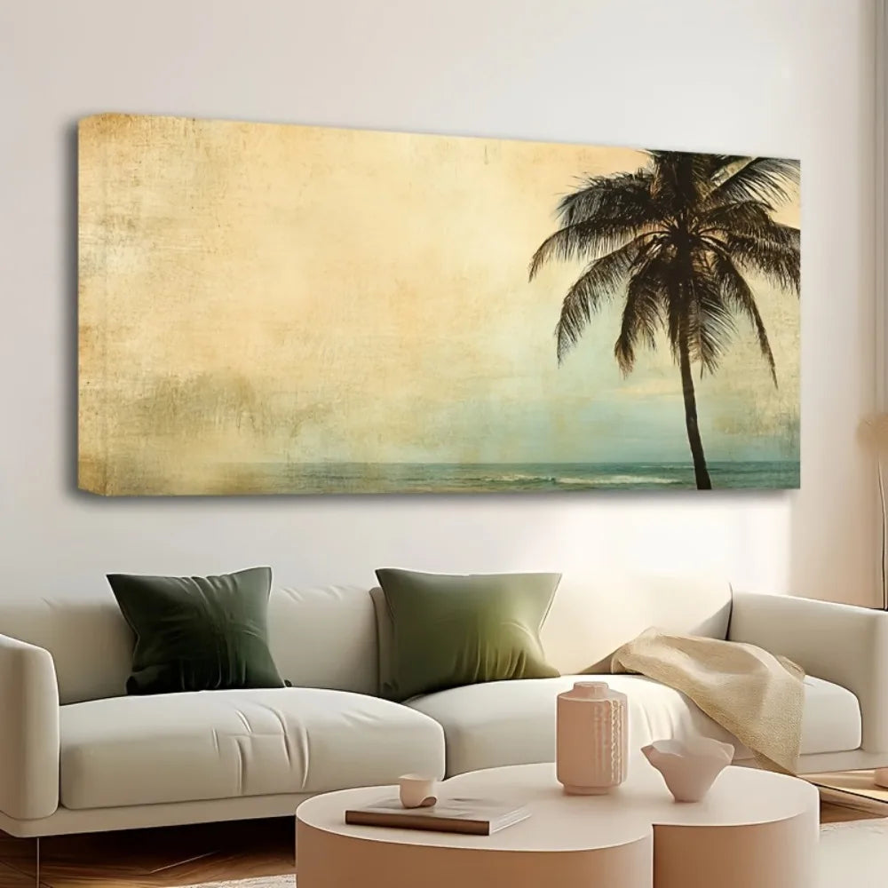 1.5 inch thick pine solid wood frame, golden palm tree, sunset landscape coconut tree,
