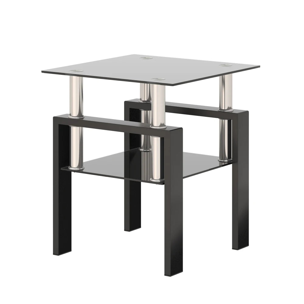 1-Piece Modern Tempered Glass Tea Table Coffee Table End Table Square Table for Living Room Black