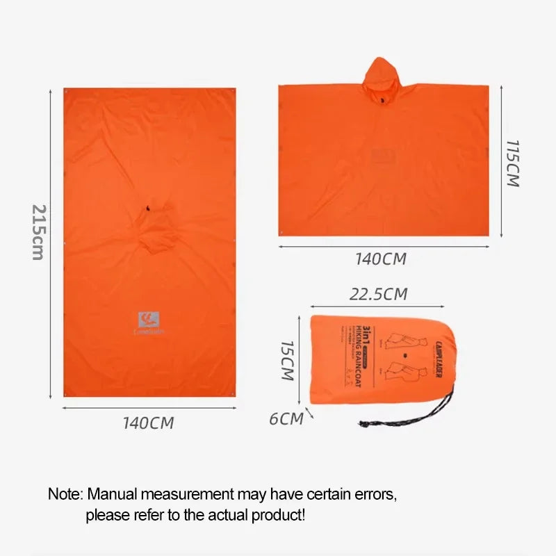 3 In 1 Outdoor Raincoat Hooded Sleeve Long Waterproof Rain Poncho Motorcycle Rain Cover Camping Hiking Travel Rainwear Tent