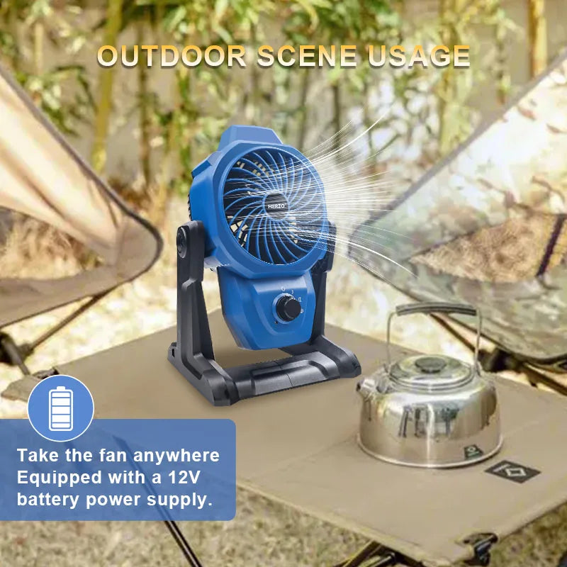 HERZO 12V Cordless Outdoor Camping Fan 3rd Gear Speed Change 360 Degree Rotation Tripod Design Rechargeable Battery DIY