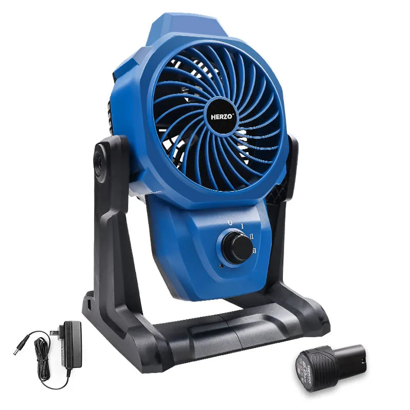 HERZO 12V Cordless Outdoor Camping Fan 3rd Gear Speed Change 360 Degree Rotation Tripod Design Rechargeable Battery DIY