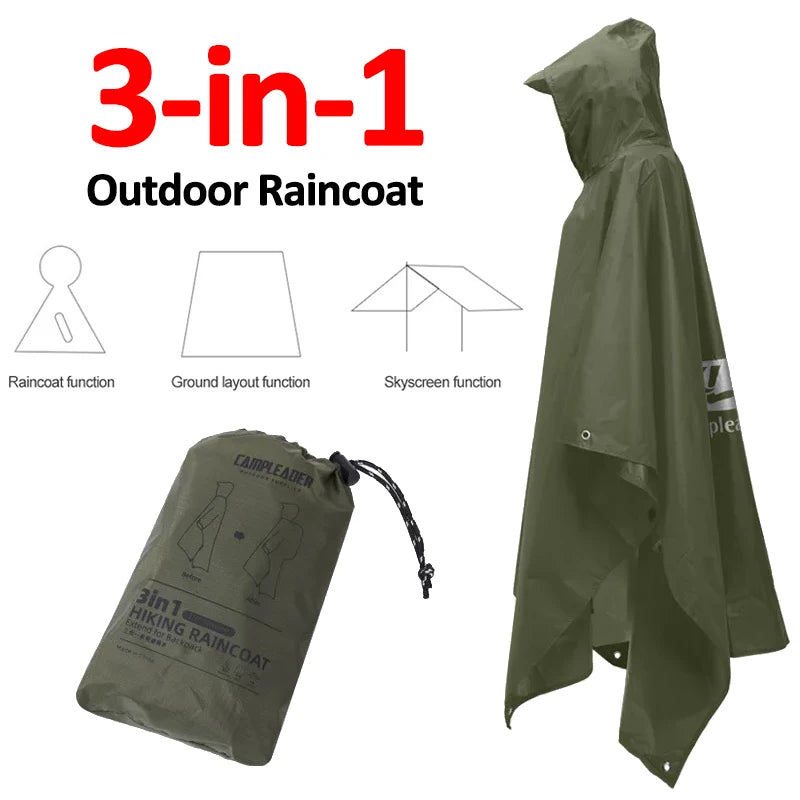Outdoor 3 In 1 Raincoat Hooded Sleeve Waterproof Rain Poncho Motorcycle Rain Cover Camping Hiking Travel Portable Rainwear Tent