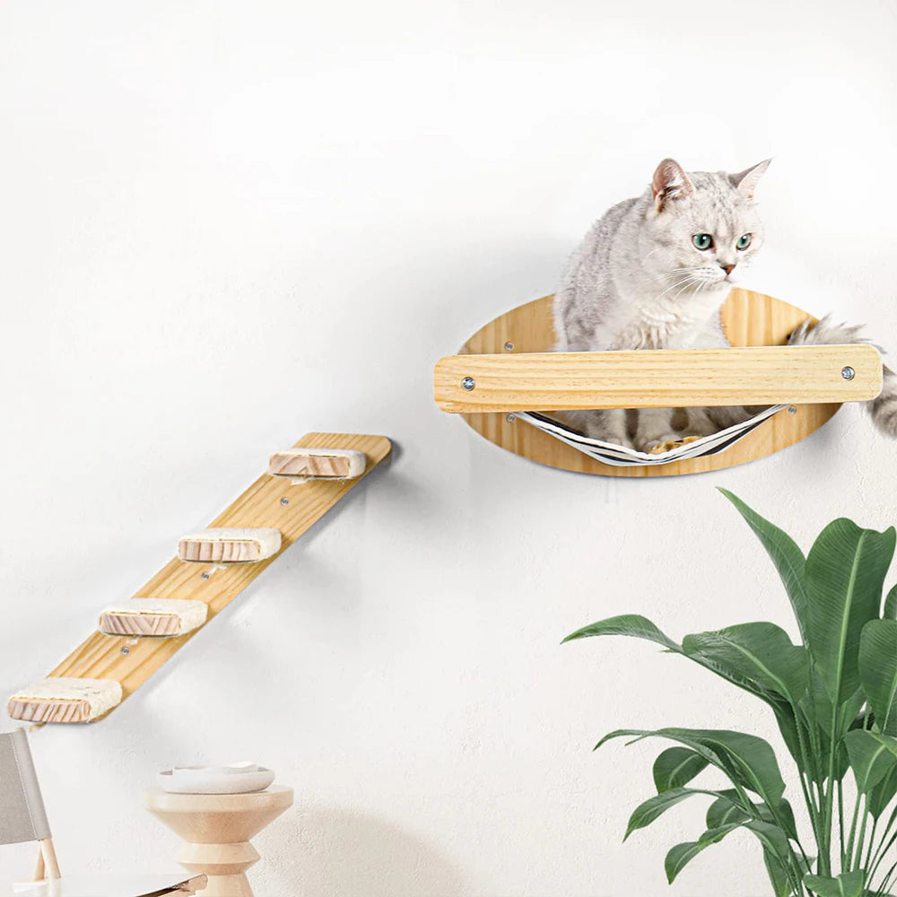3Pcs Cat Hammock with Four Step Sisal Stairways or Scratching Posts Set Wall Mounted Wooden Cats Furniture Climbing Shelf Perch