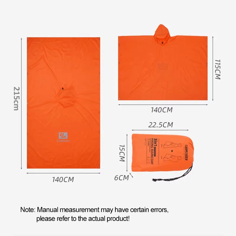 Outdoor 3 In 1 Raincoat Hooded Sleeve Waterproof Rain Poncho Motorcycle Rain Cover Camping Hiking Travel Portable Rainwear Tent
