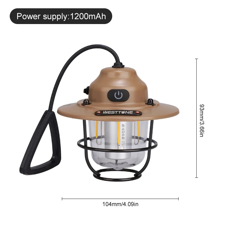 Portable Camping Lanterns Retro Hanging Tent Lamp Waterproof Dimmable Camping Light 1200mAh for Hiking Fishing Emergency Lantern