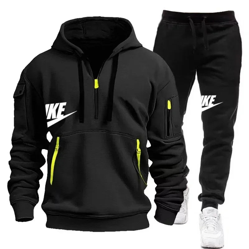 Fashionable outdoor men's casual sportswear set, new autumn and winter multi-pocket men's pullover hoodie + pants 2-piece set