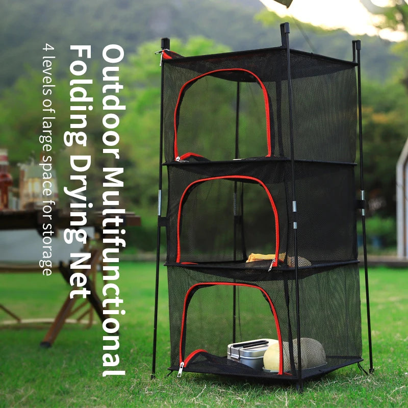 Outdoor Camping Tableware Storage Ventilated Net Bowl Basin Drying Net Foldable 4 Layers Storage Multifunctional Hanging Mesh