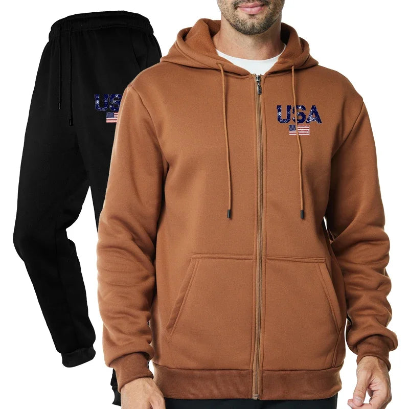 Men's Fashion Outdoor Fitness Jogging Sports Luxury Casual Zipper Hoodie and Pants Set Clothing