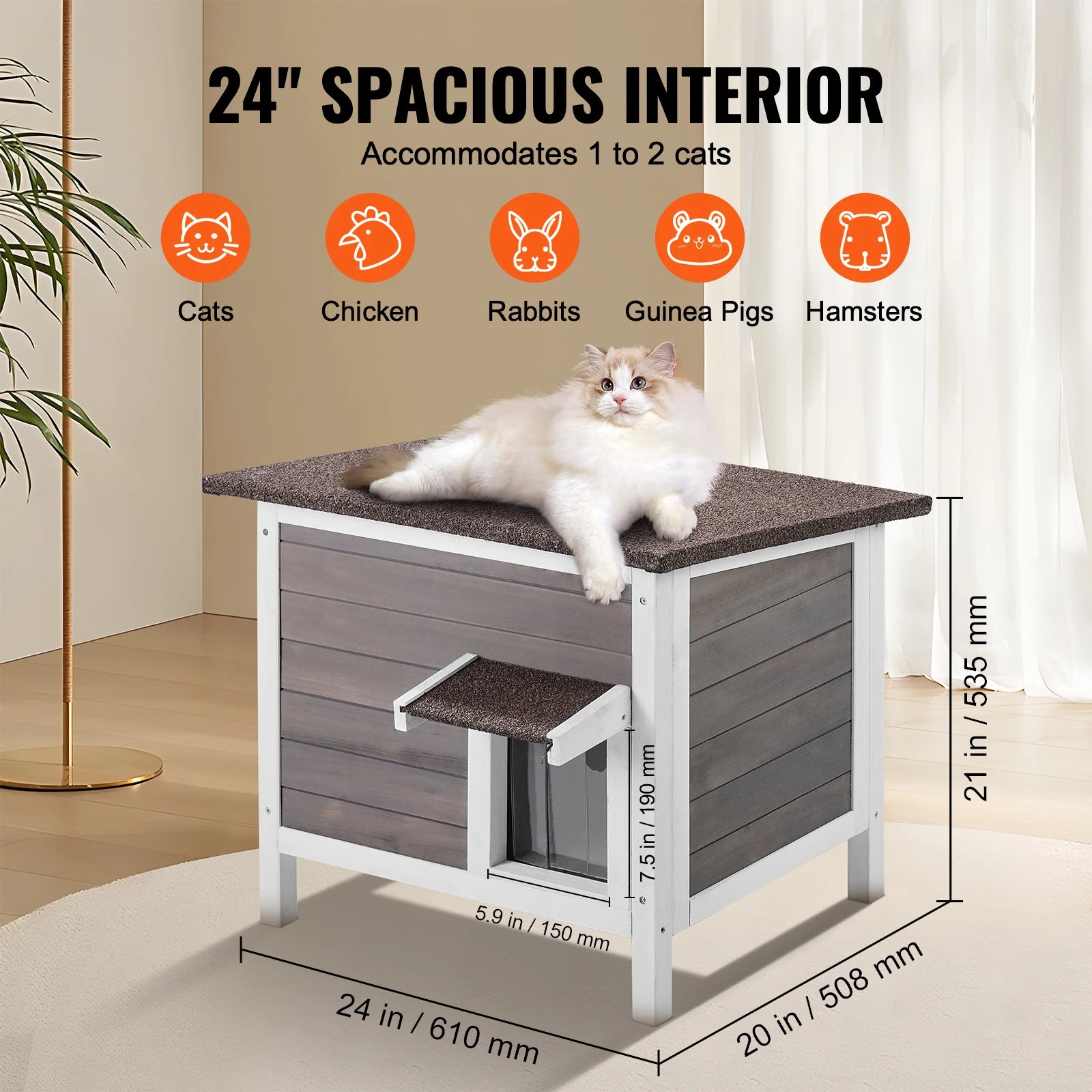 SucceBuy Outdoor Cat House Weatherproof, Feral Cat Shelter for Cat Outdoor Wooden Cat Rabbit House with All-Round Foam Insulated