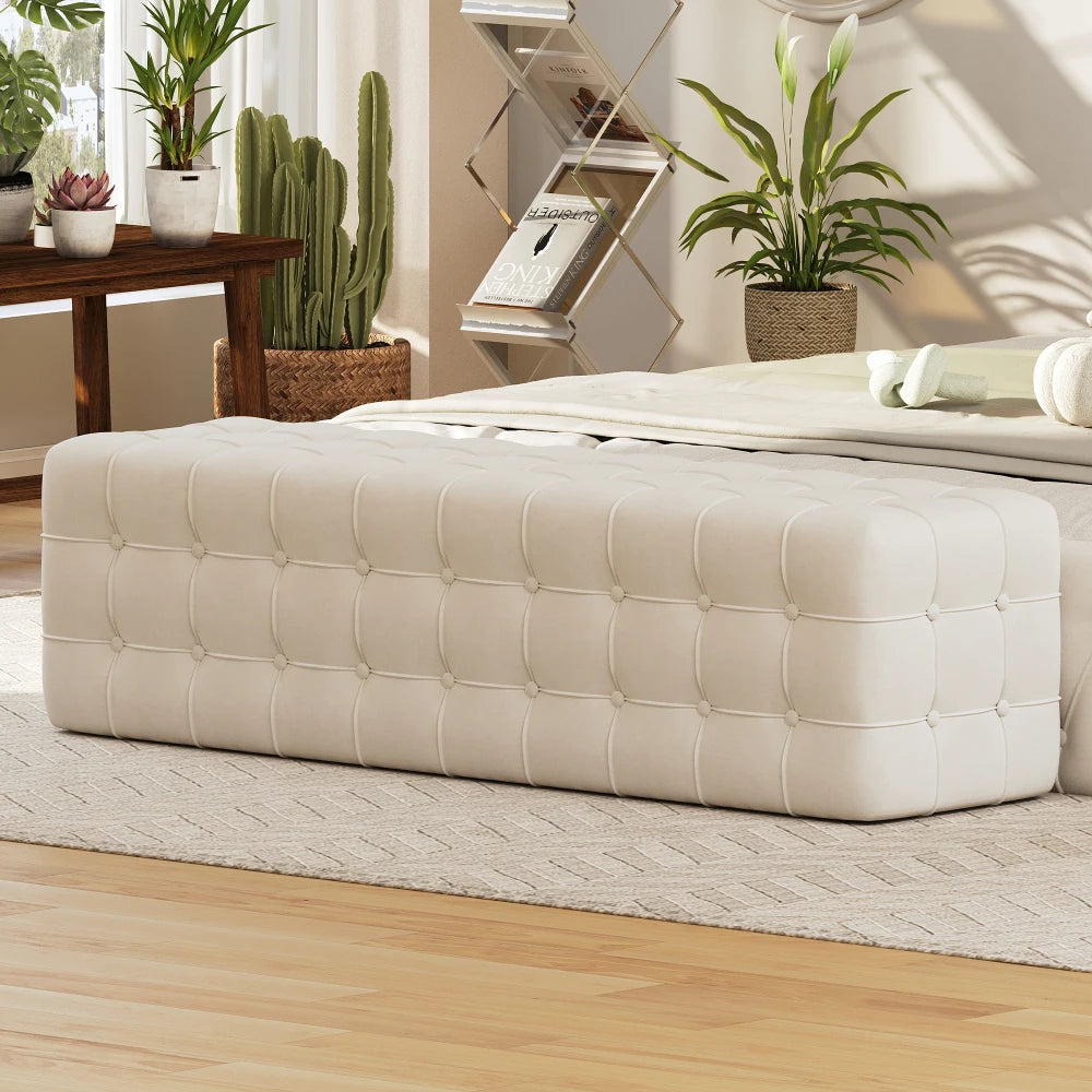 All Covered Velvet Upholstered Ottoman, Rectangular No Assembly Required Elegant and Luxurious White