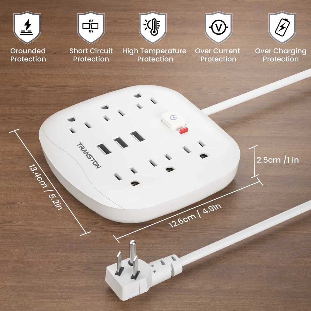 TRANSTON Power Outlet with Surge Protector, 6 power strip 3 USB Ports, 3.3ft Extension Cord, Fire Resistant, For Home and Offic