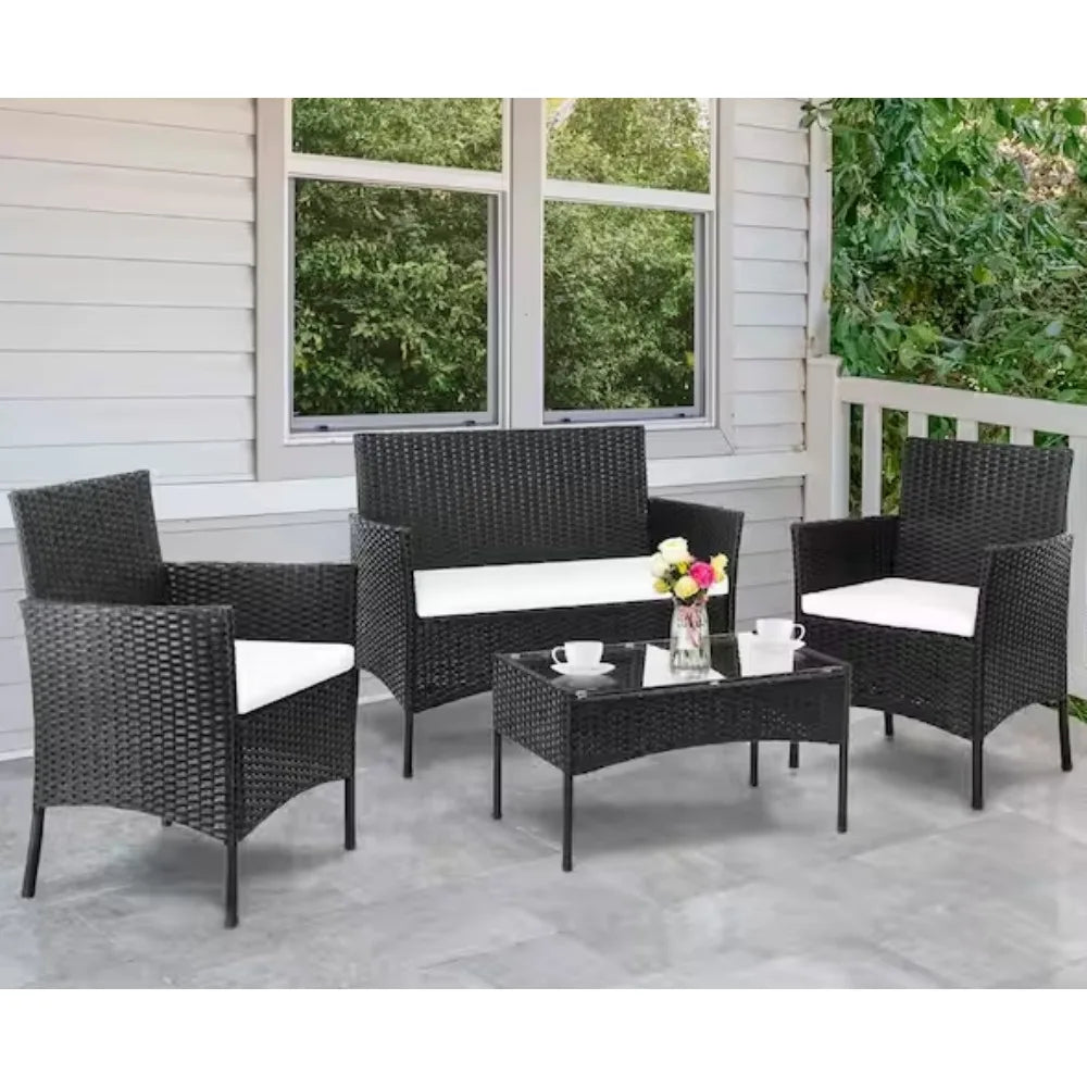 Outdoor Furniture with Soft Cushion and Glass Table, All Weather Manual Weaving Wicker Rattan Patio Chairs for Garden