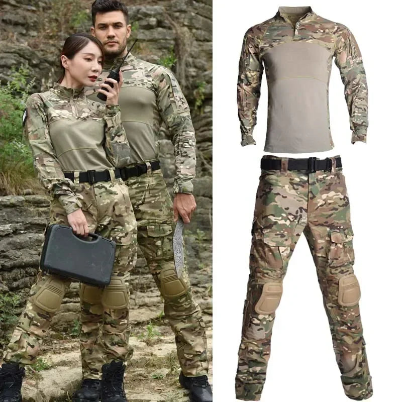 Outdoor Uniform Tactical Shirt Waterproof Clothing Tops Wear resistance Airsoft Multicam Camo Hunting Suit Pants+ Pads