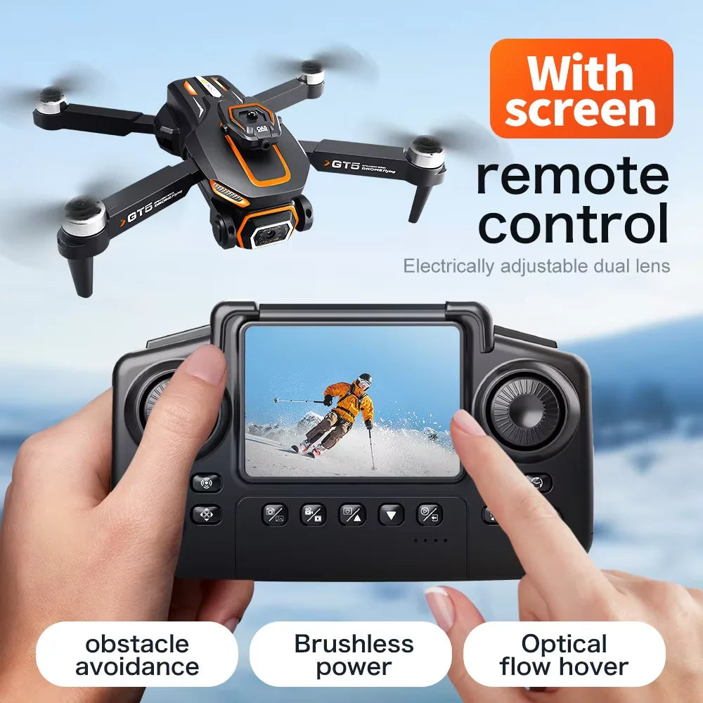 GT5 Brushless Drone with Dual Lens & Obstacle Avoidance - GPS/APP Path Drawing, 2.4" Screen Remote Flight for Aerial Photography