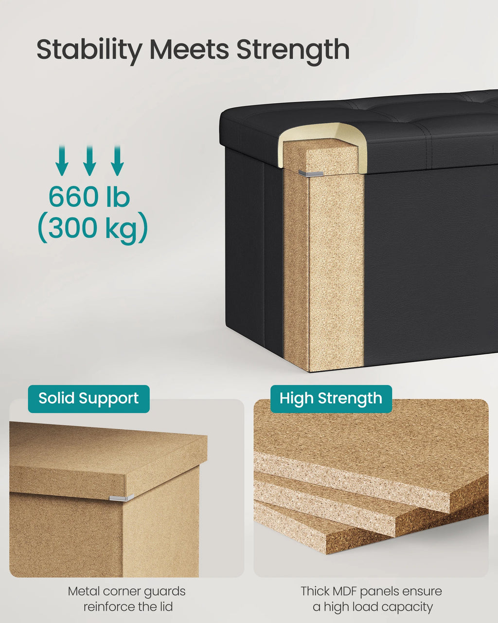 SONGMICS 43 Inches Folding Storage Ottoman Bench, Storage Chest, Footrest, Coffee Table, Padded Seat, Faux Leather