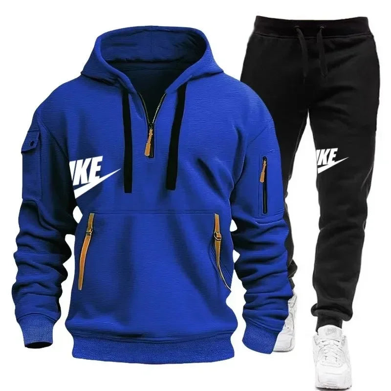 Fashionable outdoor men's casual sportswear set, new autumn and winter multi-pocket men's pullover hoodie + pants 2-piece set