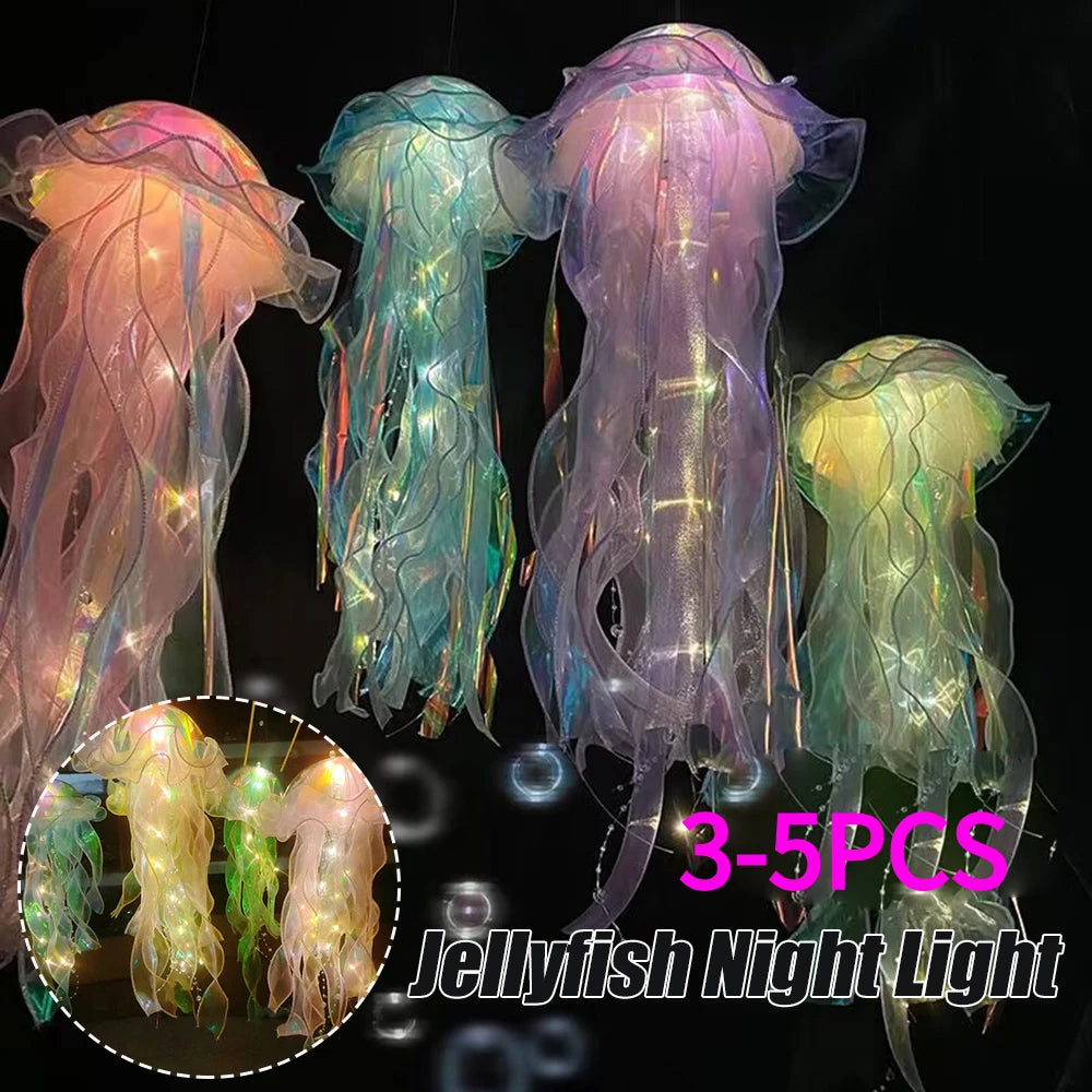 3-5PCS Jellyfish Atmosphere Night Light Button Battery Lantern with Ribbon&Bead
