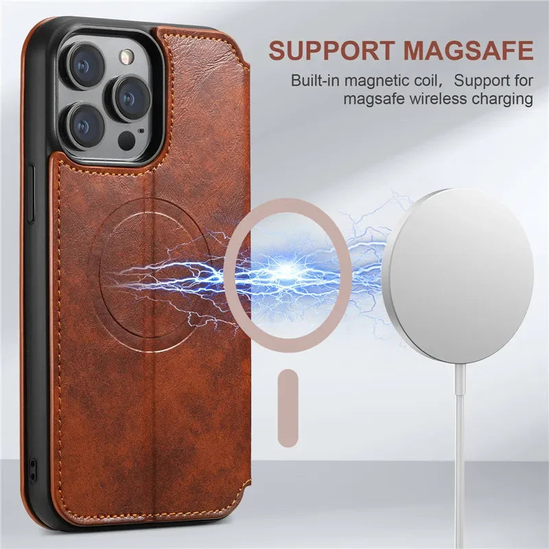 Magsafe Wallet Phone Case  For iPhone 12 13 14 15 16 Pro Max Plus Ultra With Stand Card Holder Leather Magnetic Pocket Cover