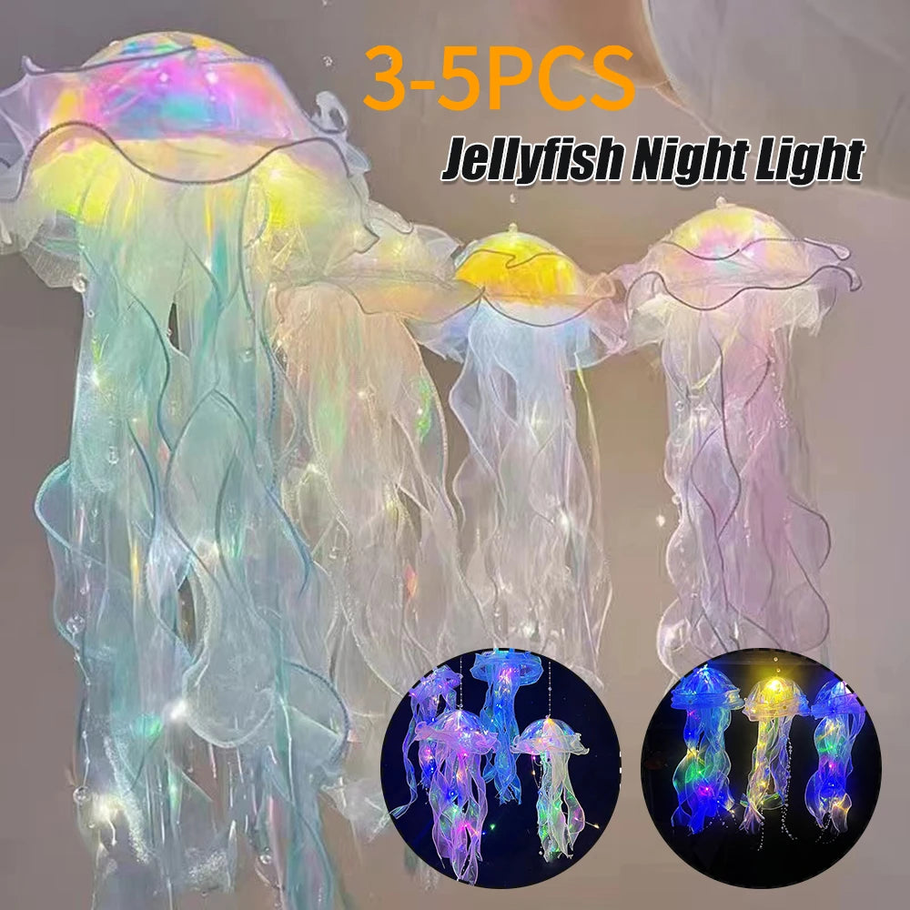 3-5PCS Jellyfish Atmosphere Night Light Button Battery Lantern with Ribbon&Bead