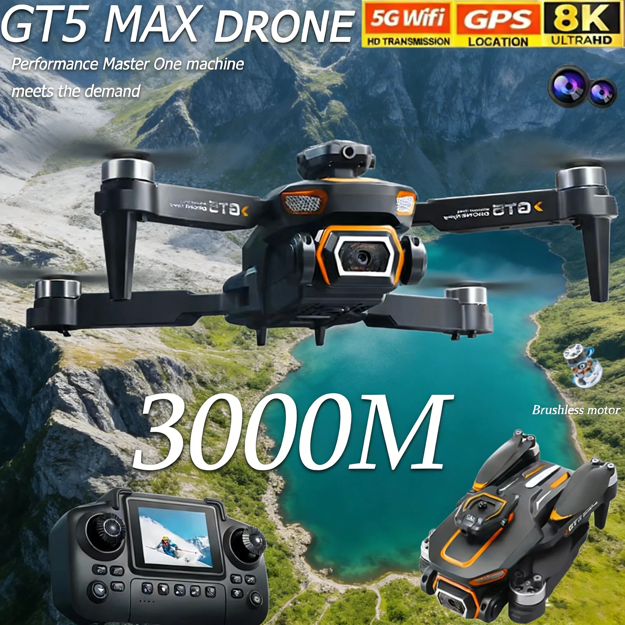 GT5 Brushless Drone with Dual Lens & Obstacle Avoidance - GPS/APP Path Drawing, 2.4" Screen Remote Flight for Aerial Photography
