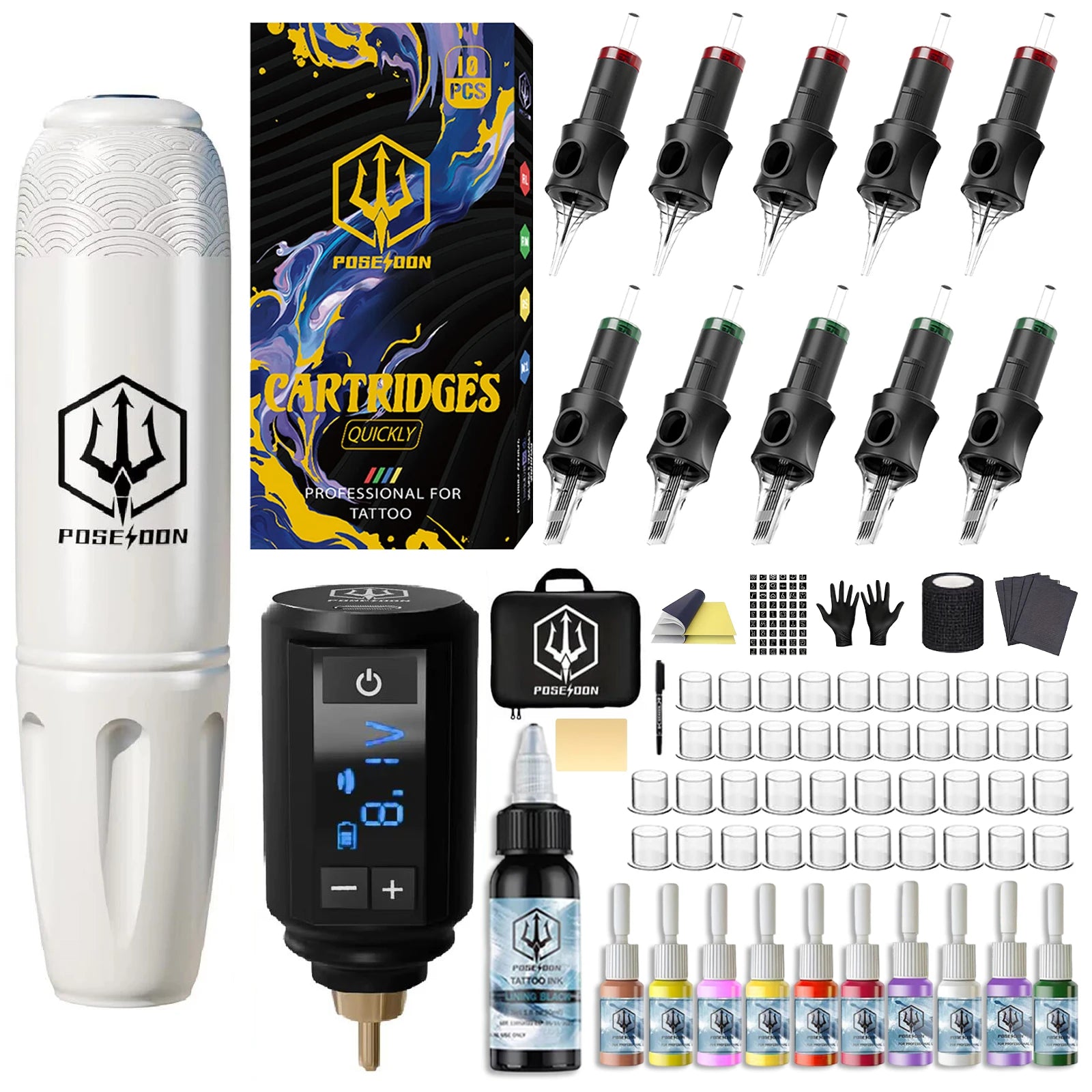 Tattoo Kit POSEIDON High Power Tattoo Pen Kit For Permanent Makeup Tattoo Machine Kit White Tattoo Power Supply Tattoo Gun Kit