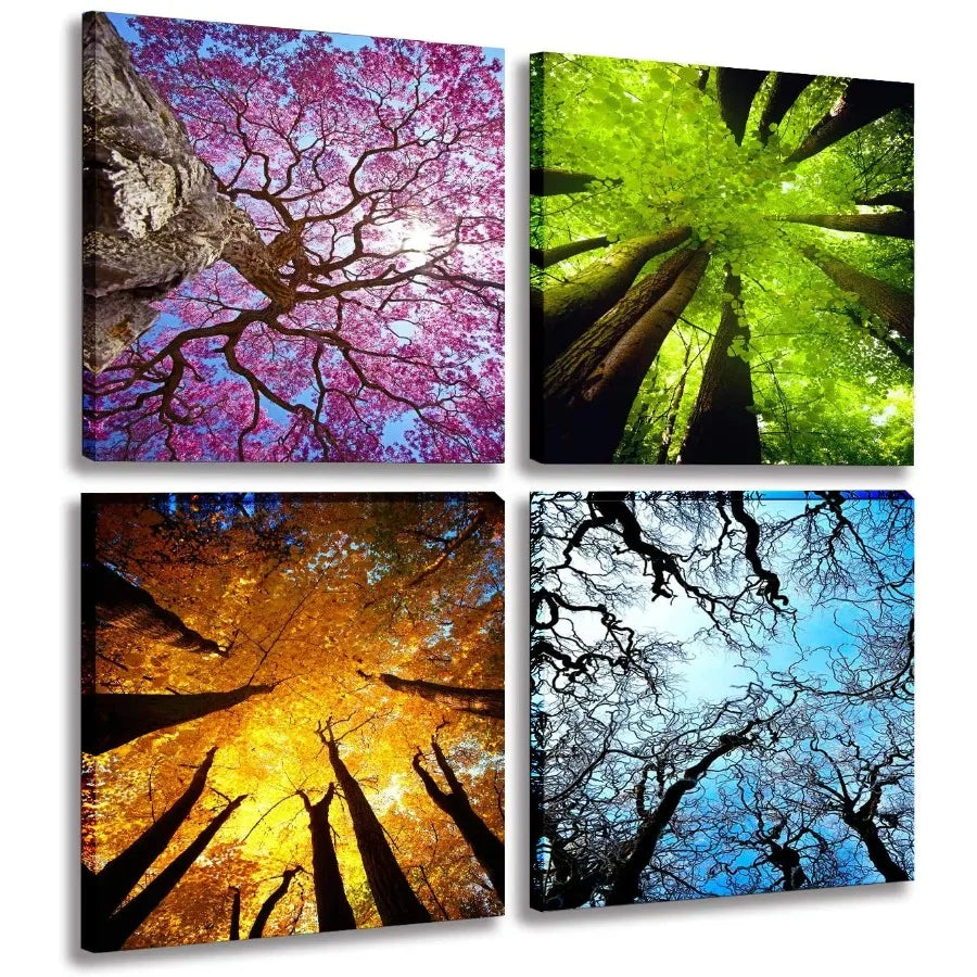 4 Panels  Landscape Tree Painting Prints Modern Giclee Artwork Stretche