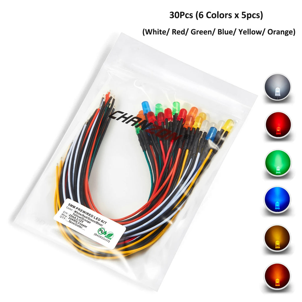 12V 5mm LED Diode Kit White Red Green Blue Yellow Orange Prewired 5 9 12 V Diffused Light Emitting Indicator Assortment Assorted