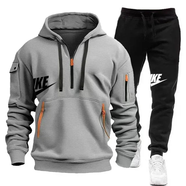 Fashionable outdoor men's casual sportswear set, new autumn and winter multi-pocket men's pullover hoodie + pants 2-piece set