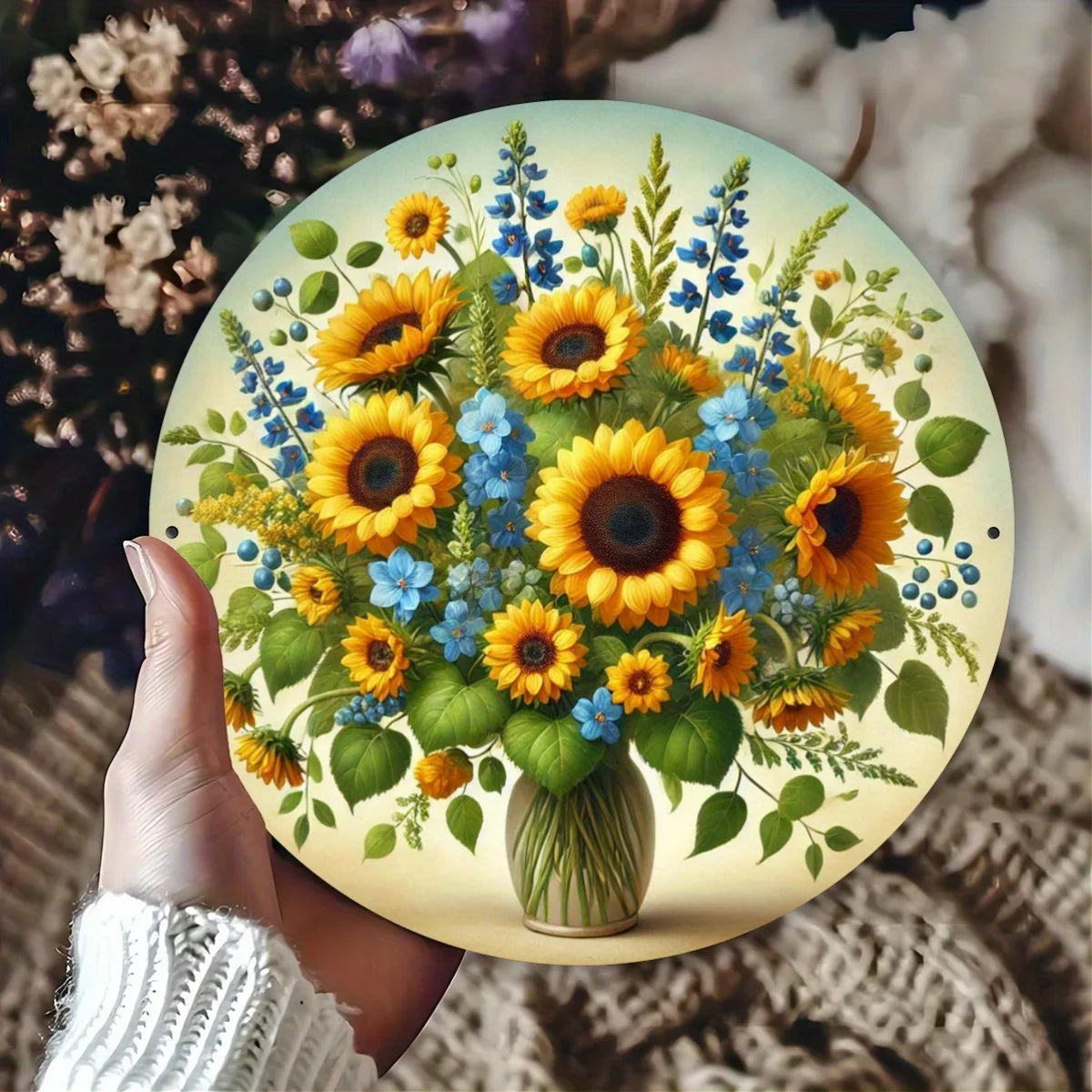Summer Sunflower Metal Wall Decor - 7.8" Round High Definition 2D Print, Perfect for Home, Garden, or Gifts