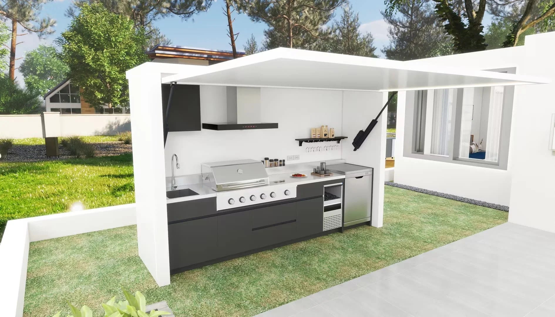 Modern Outdoor Furniture Cottage with Stainless Steel Kitchen Cabinets, Gas Grill with Shed, Customisable, Outdoor Pergola