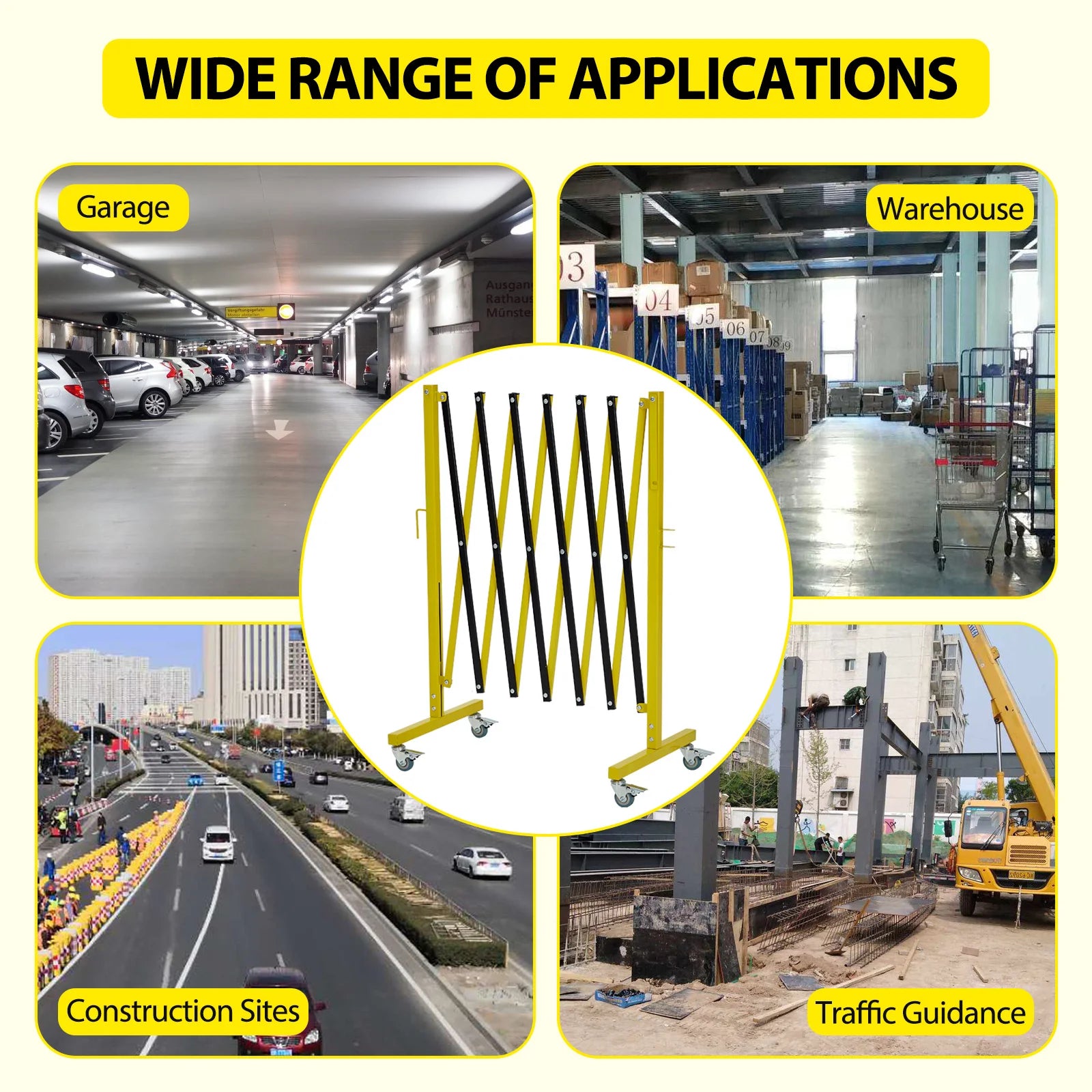 , 11 Feet, Mobile Safety Barrier Gate, Retractable Traffic Fence With Warning Board Casters