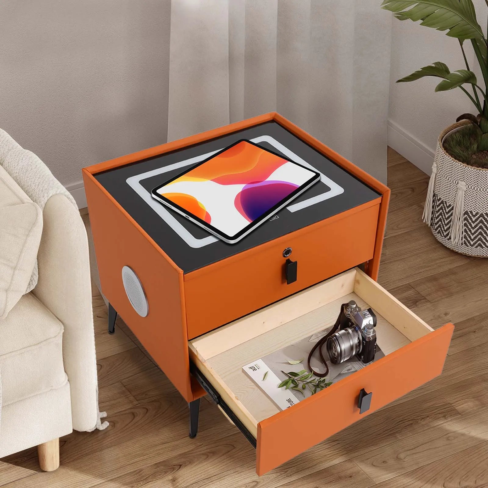 Modern Rectangular Bedside Table with Drawers Bluetooth Speaker Smart Bedside