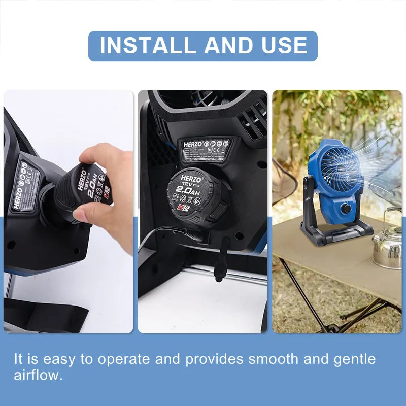 HERZO 12V Cordless Outdoor Camping Fan 3rd Gear Speed Change 360 Degree Rotation Tripod Design Rechargeable Battery DIY