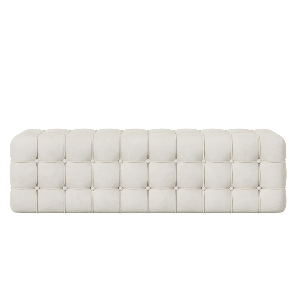 All Covered Velvet Upholstered Ottoman, Rectangular No Assembly Required Elegant and Luxurious White