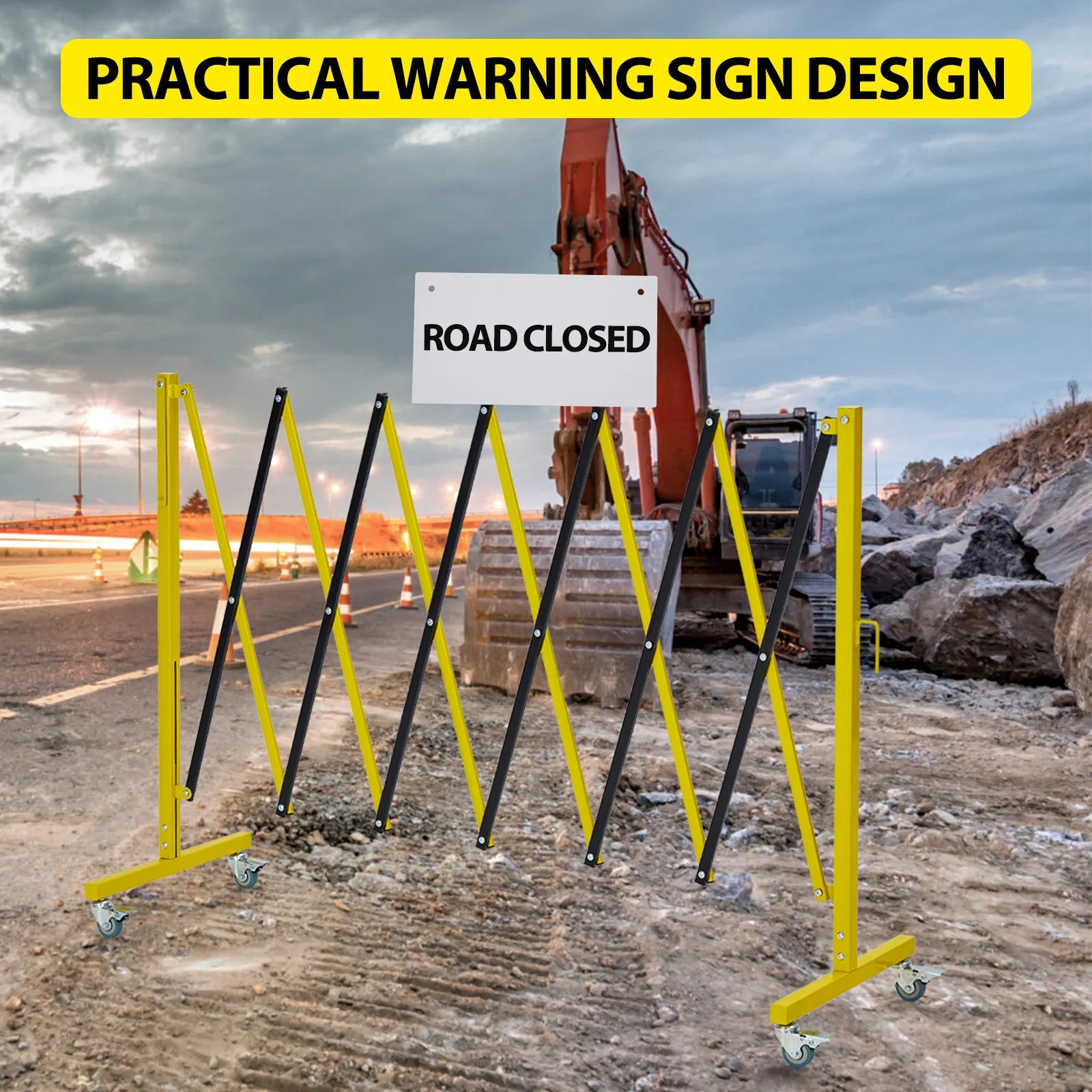 , 11 Feet, Mobile Safety Barrier Gate, Retractable Traffic Fence With Warning Board Casters