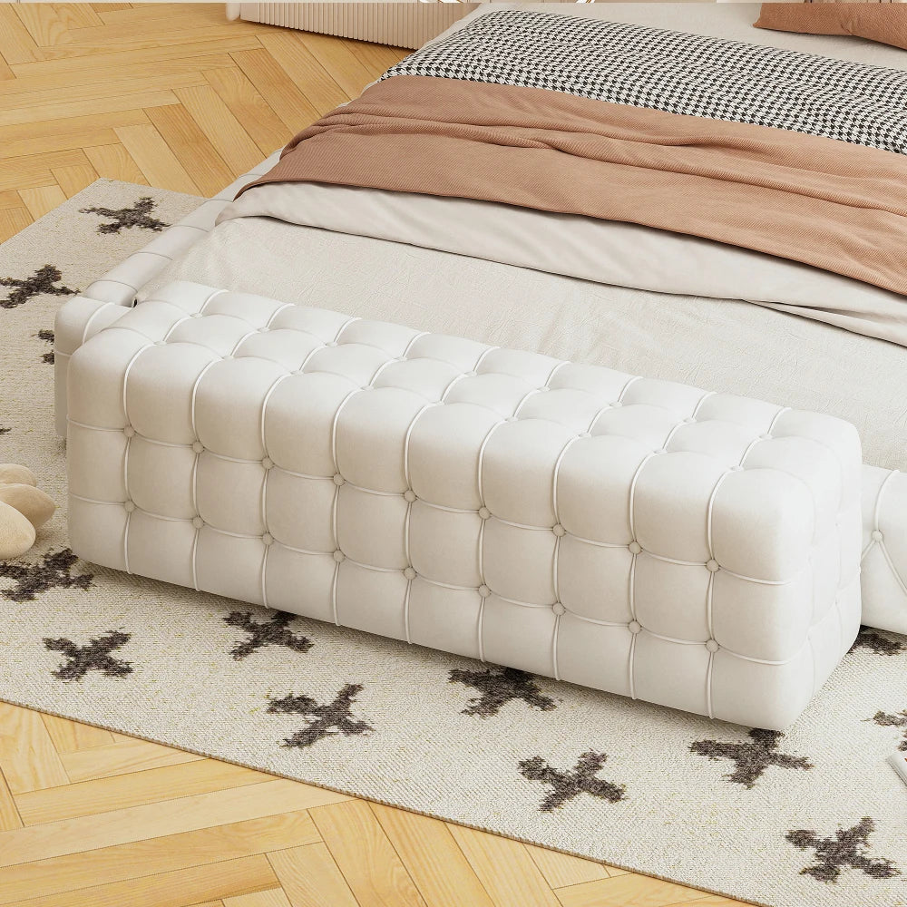 All Covered Velvet Upholstered Ottoman, Rectangular No Assembly Required Elegant and Luxurious White