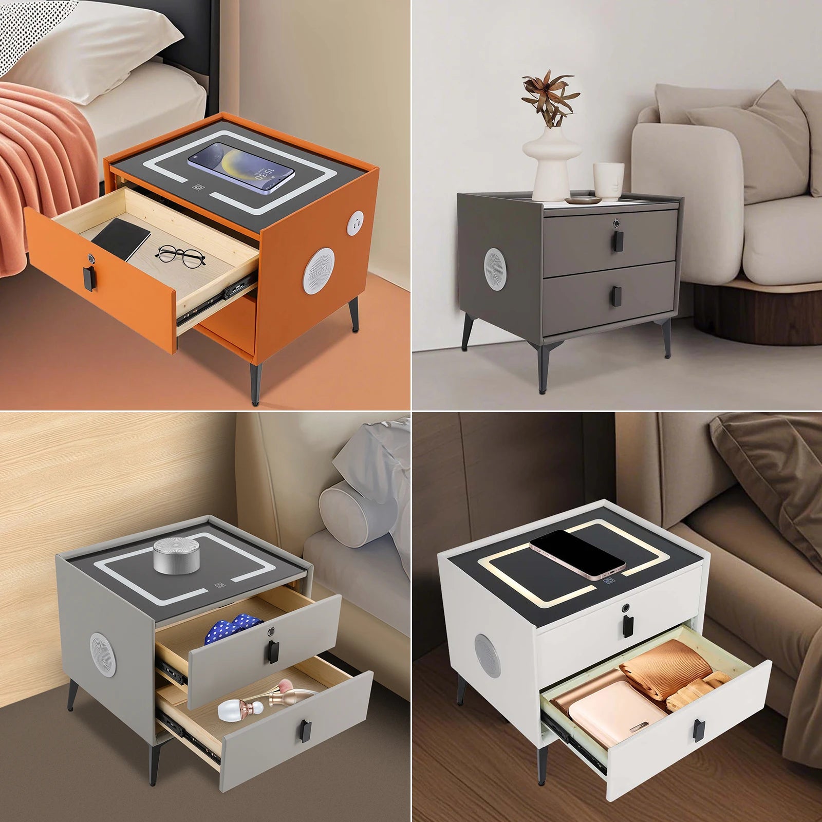 Modern Rectangular Bedside Table with Drawers Bluetooth Speaker Smart Bedside