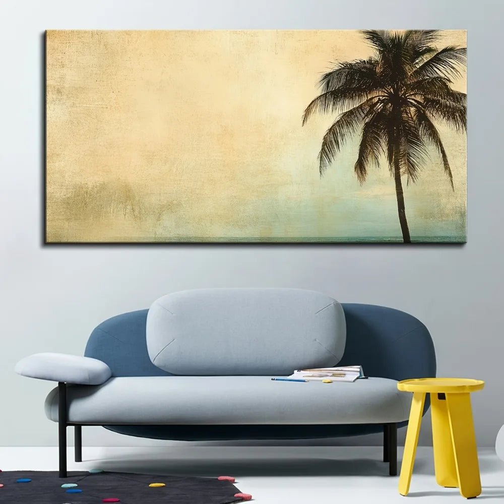 1.5 inch thick pine solid wood frame, golden palm tree, sunset landscape coconut tree,