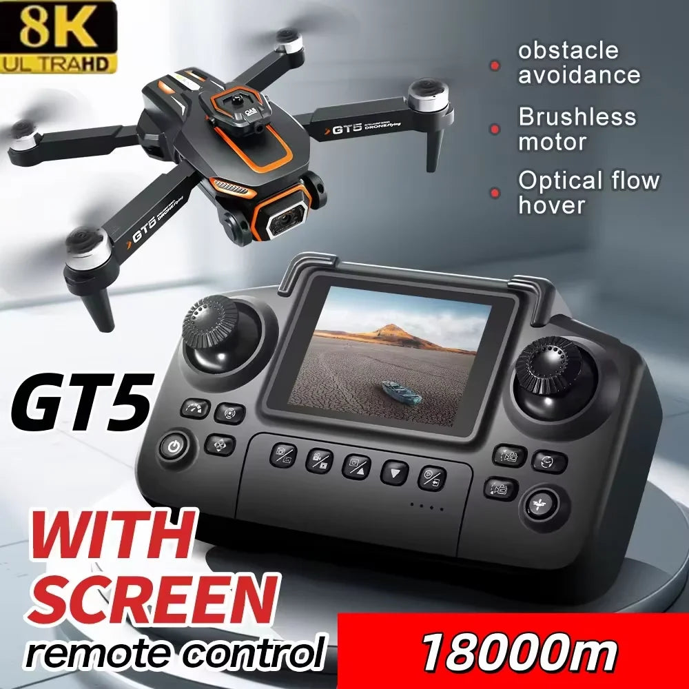 GT5 Brushless Drone with Dual Lens & Obstacle Avoidance - GPS/APP Path Drawing, 2.4" Screen Remote Flight for Aerial Photography