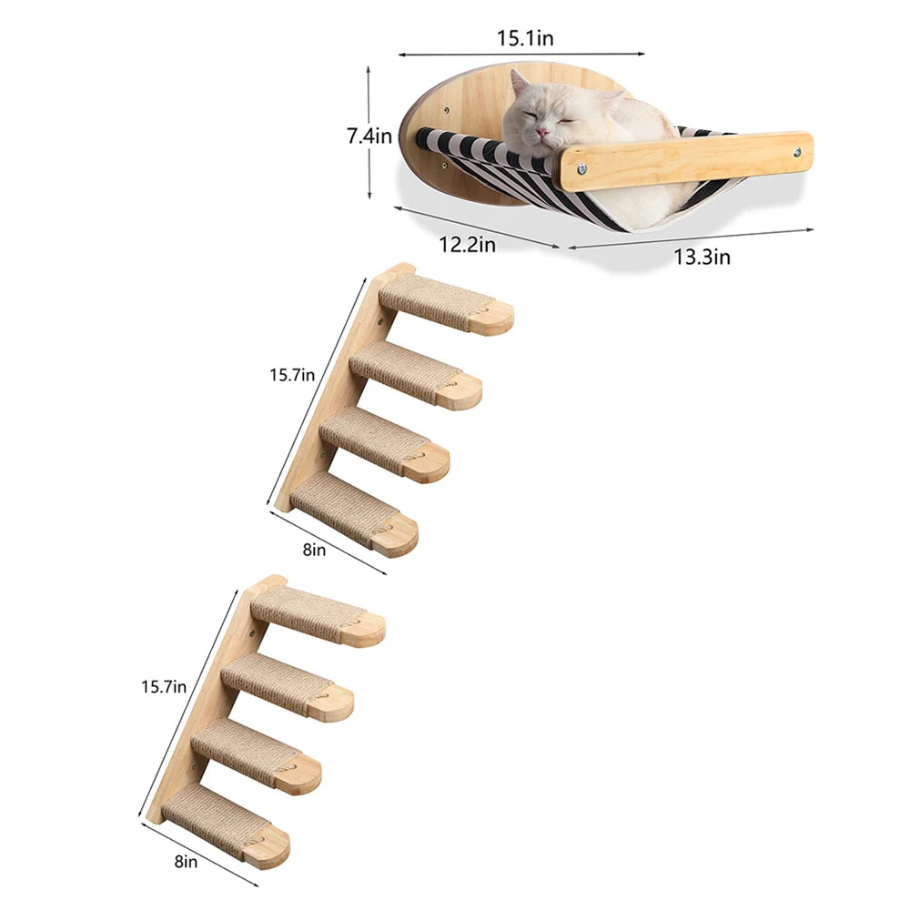 3Pcs Cat Hammock with Four Step Sisal Stairways or Scratching Posts Set Wall Mounted Wooden Cats Furniture Climbing Shelf Perch