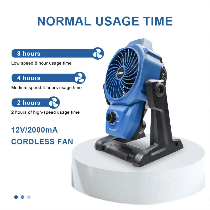 HERZO 12V Cordless Outdoor Camping Fan 3rd Gear Speed Change 360 Degree Rotation Tripod Design Rechargeable Battery DIY