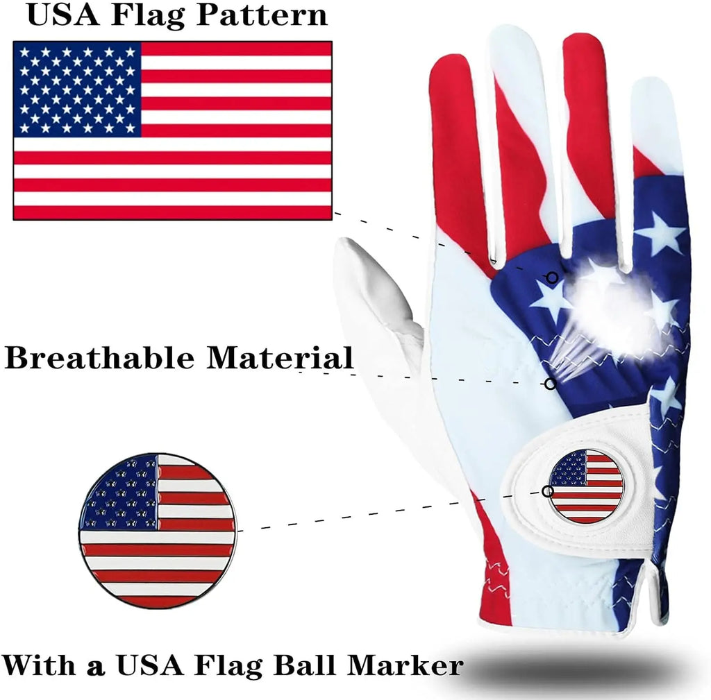 Golf Gloves Men Right Handed Golfer Left Hand with Ball Marker 2 Pack Leather Breathable Weathersof Grip Size Medium ML Large XL