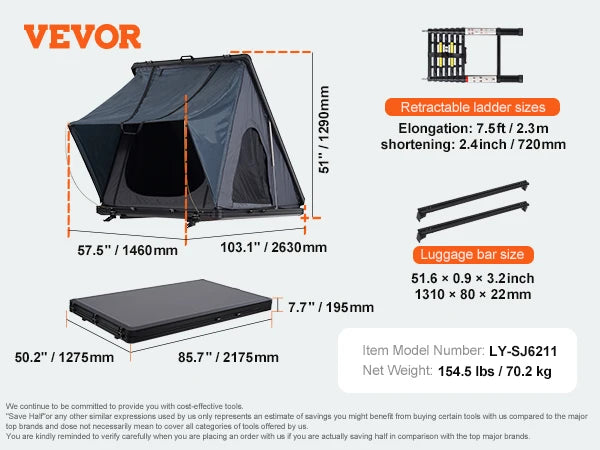 SucceBuy Rooftop Tent Hard Shell Roof Top with Telescopic Ladder Thick Mattress Waterproof Windproof for Jeep Van Pickup Truck