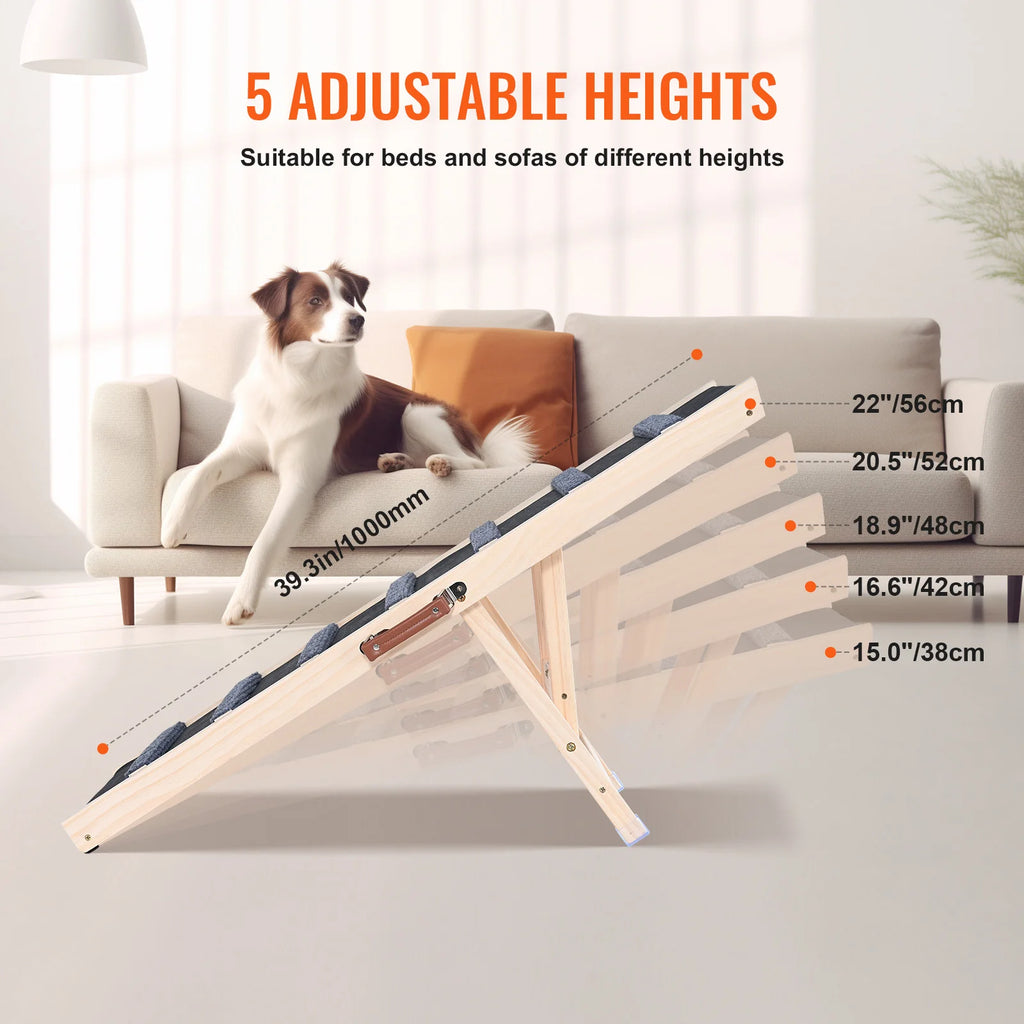 SucceBuy Dog Ramp Folding Ladder Anti-slip High Adjustable Wooden Pet Ramp Removable for Small Old Dog Climb Stairs Sofa Car Bed