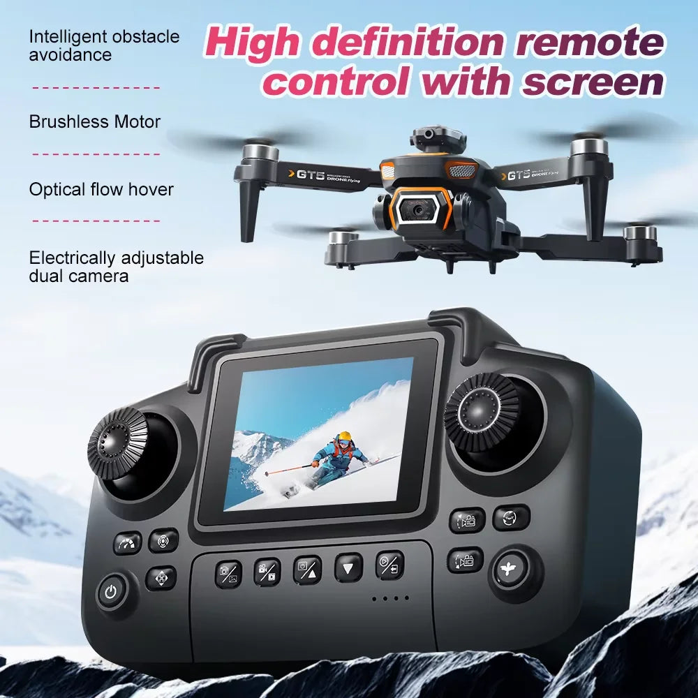 GT5 Brushless Drone with Dual Lens & Obstacle Avoidance - GPS/APP Path Drawing, 2.4" Screen Remote Flight for Aerial Photography