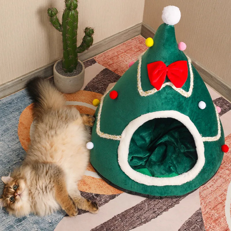 2024 Christmas Tree Pet Nest Winter Cat House Teddy Pet Bed Semi Enclosed Cat Hole Tent Suitable for Medium and Large Sized Pets