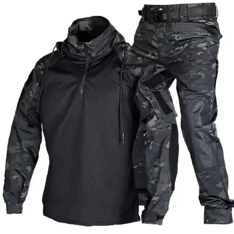 Outdoor Combat Uniform Tactical Suits Wear Resistant T-Shirt Hooded Pants Men Clothes Shirts Airsoft Paintball Hunting Clothes